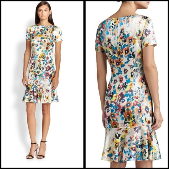 St. John Dresses & Skirts - EUC St. John Watercolor Floral Silk Ruffle Hem Dress